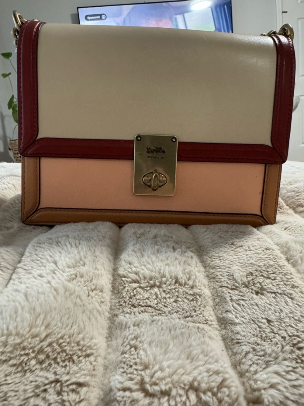 Coach Colorblock Leather Shoulder Bag in Cream, Red and Peach - Picture 2 of 7